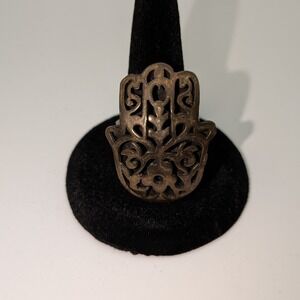 Bronze Tone Hamsa Hand Filigree Adjustable Statement Ring Hand of Fatima, Egypt